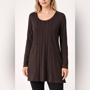 Eileen Fisher Dark Brown Tunic‎ Top Long Sleeve Pleated Front Stretch Size M
